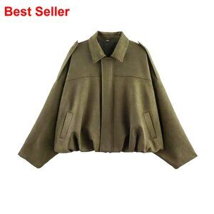 Faux Suede Bomber Jacket Oversized Cropped Lapel Pilot Coat